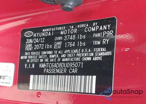 2013 Hyundai Veloster Base W/Black z USA, uszkodzony, nr VIN KMHTC6AD8DU095071